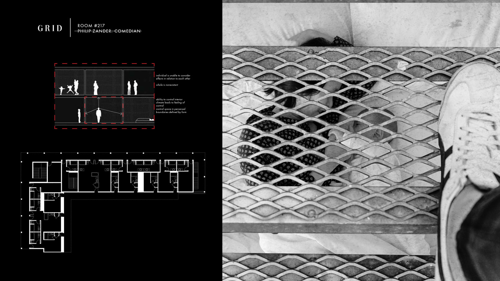 Hannah Schafers: This set of investigations explores the motel’s architectural strangeness in conjunction with shifts in the plan to create new social constructs.  The shift in spatial dynamics forces a sense of chance encounter and moves self-domination to no domination - just awkward harmony.  The individual and the social do not exist separately, they exist together. 