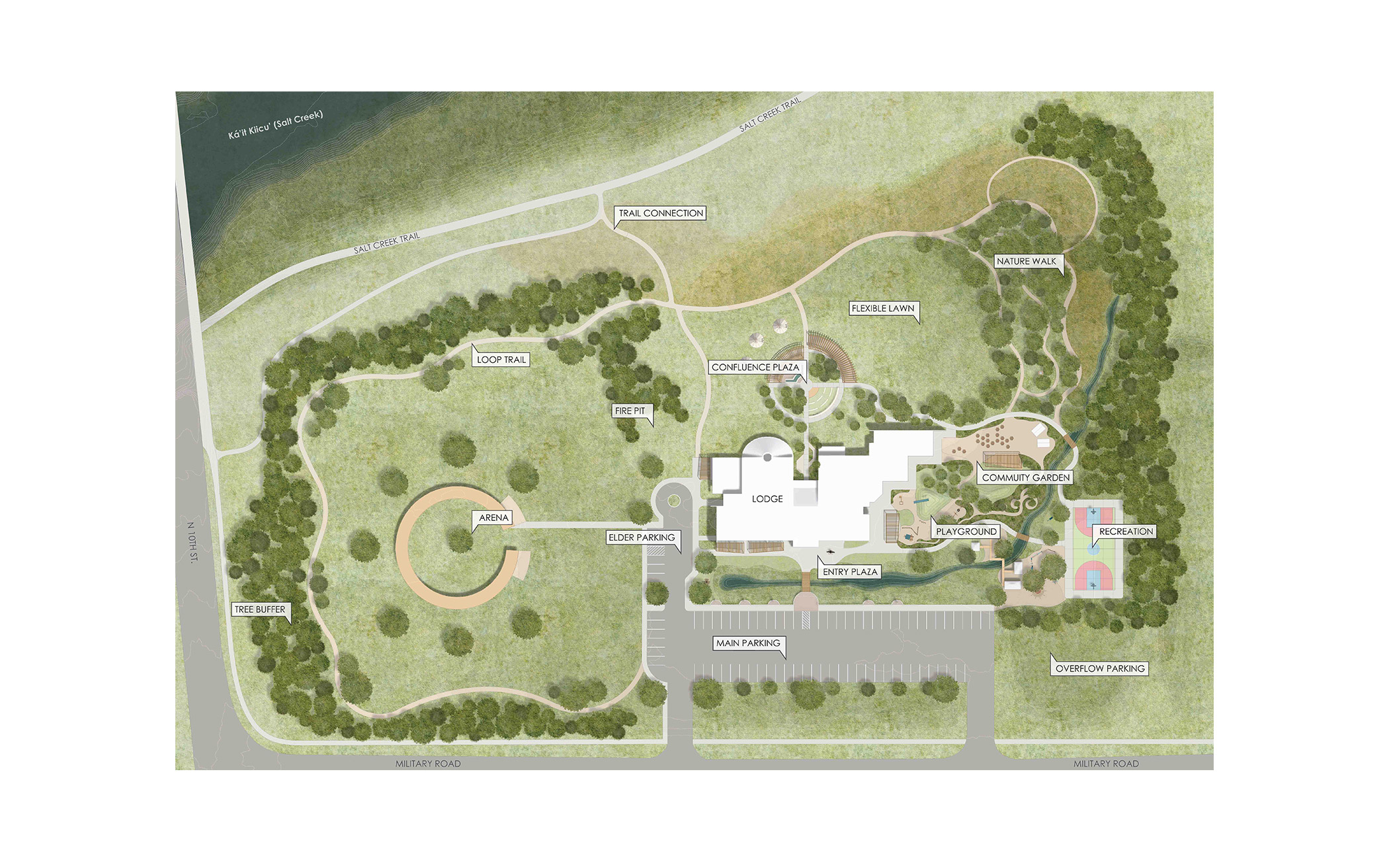 Park layout map with pathways, buildings, greenery, parking, and labeled areas including playgrounds and trails.