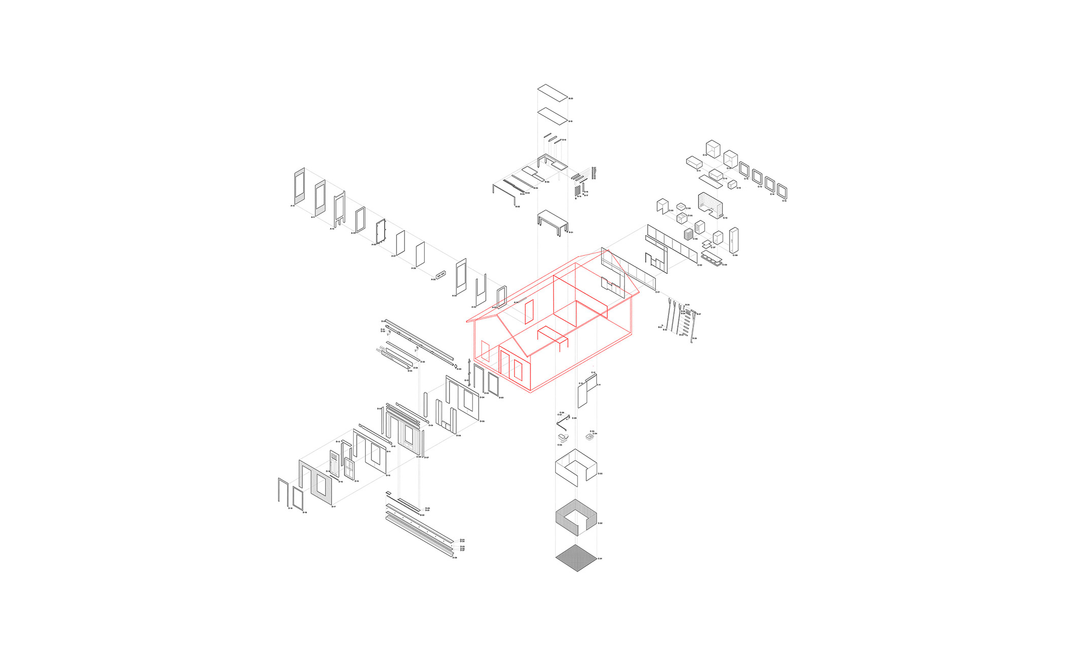 Isometric architectural diagram showing component breakdown with a red-outlined central structure.