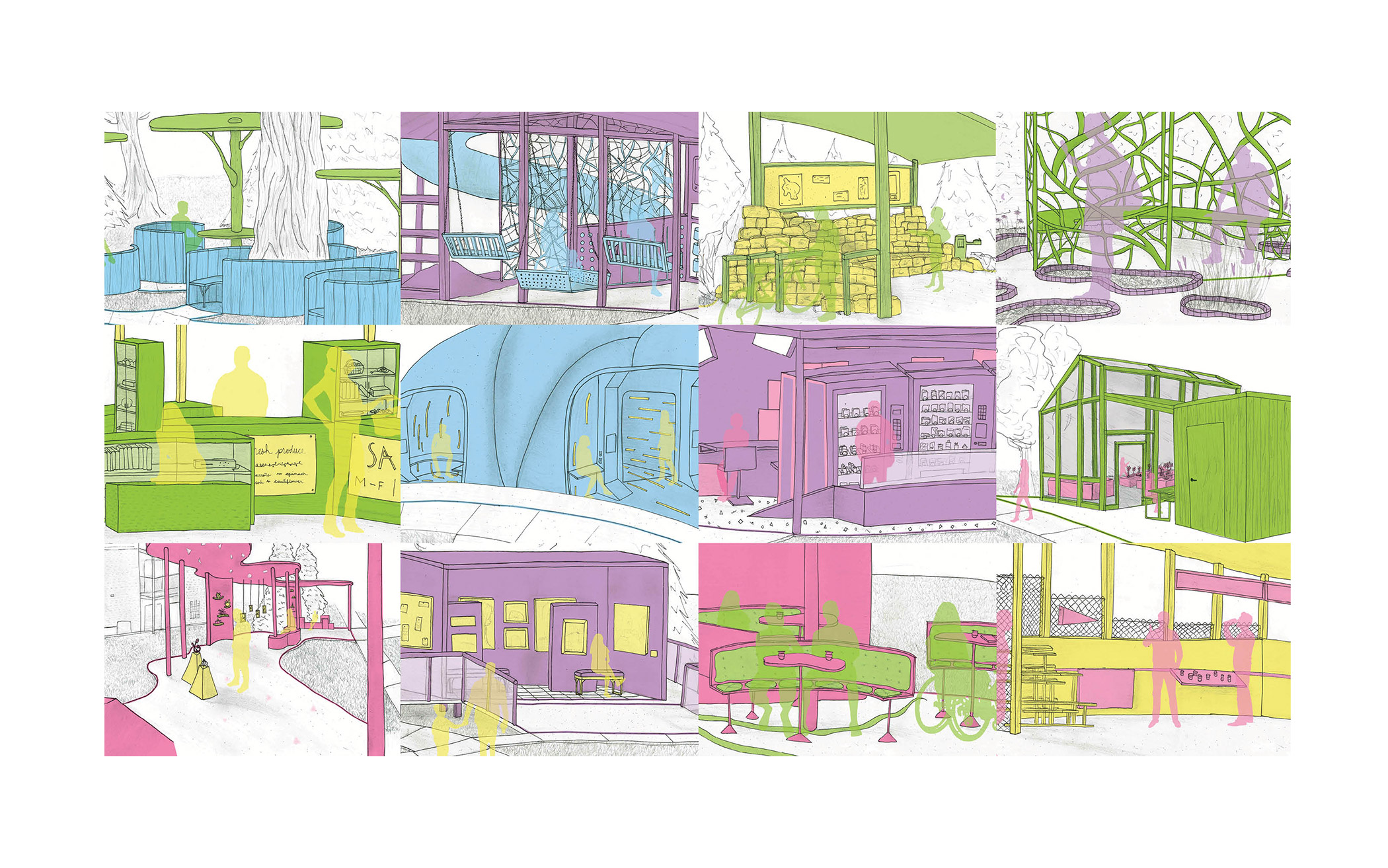 Colorful architectural sketches with green, pink, yellow, and blue designs in various structures and layouts.