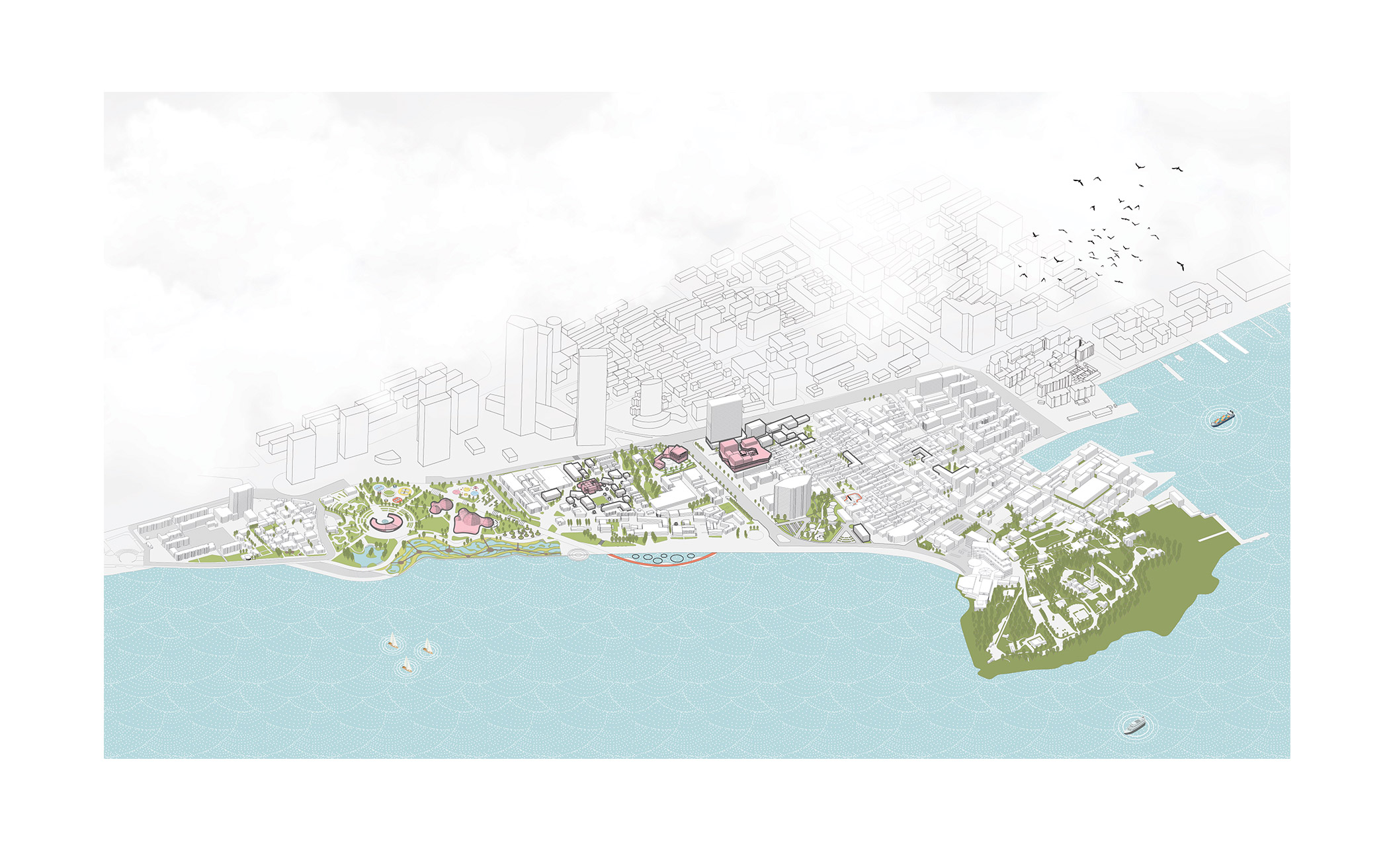 Coastal city illustration with green parks, buildings, boats, and a forested area by the shoreline.
