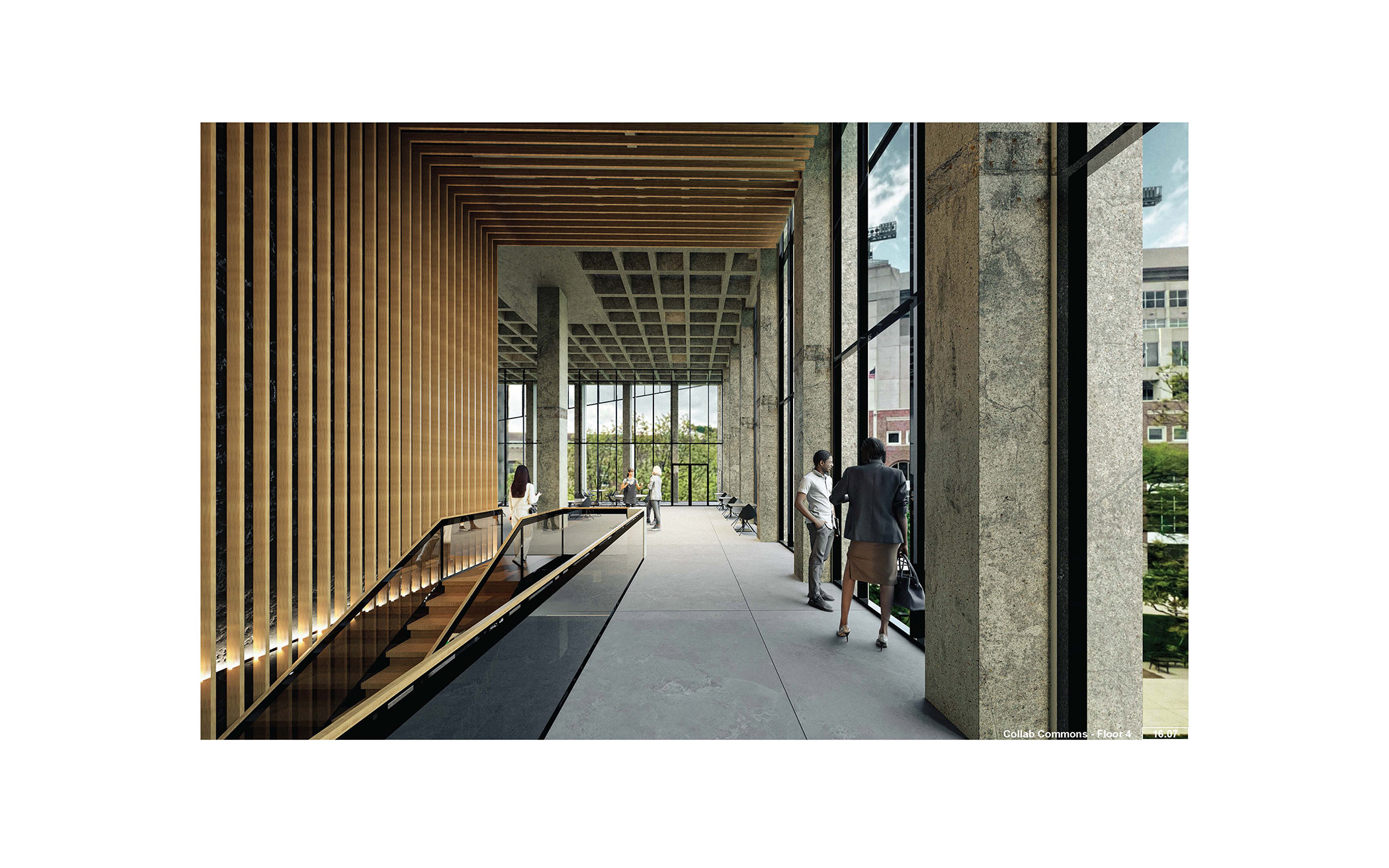 Modern building interior with tall windows, wooden slats, escalators, and people standing by the glass wall.