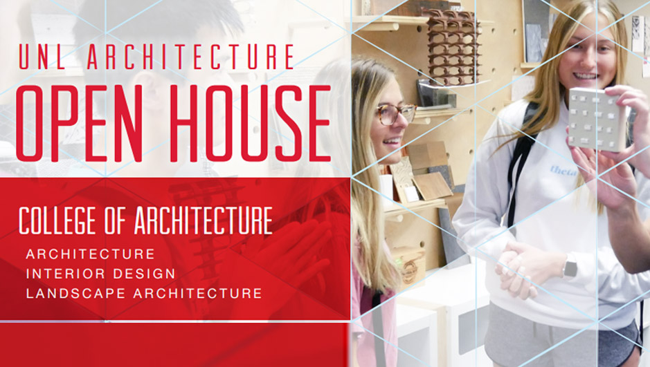 poster displaying information about the college of architecture open house with students laughing