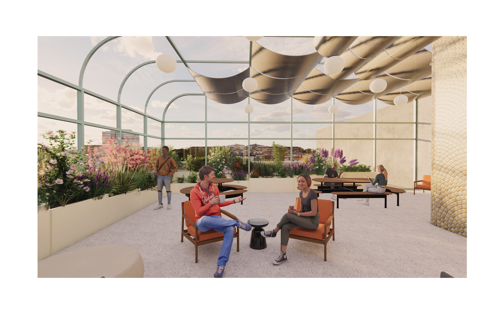 Bright open space with glass walls, indoor plants, seating, and people chatting and relaxing.