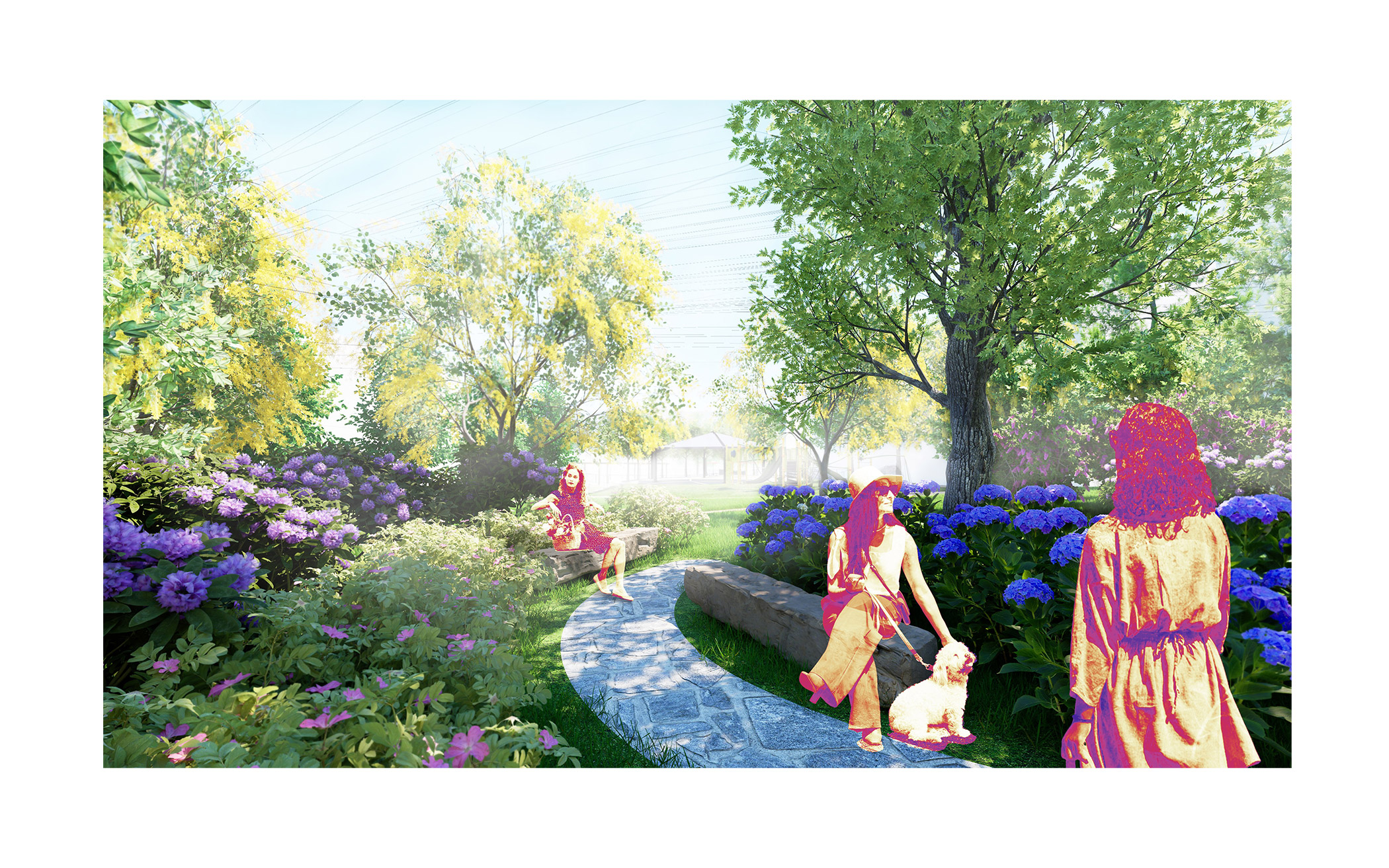 Curved stone path in a vibrant garden with blooming flowers and tall trees.