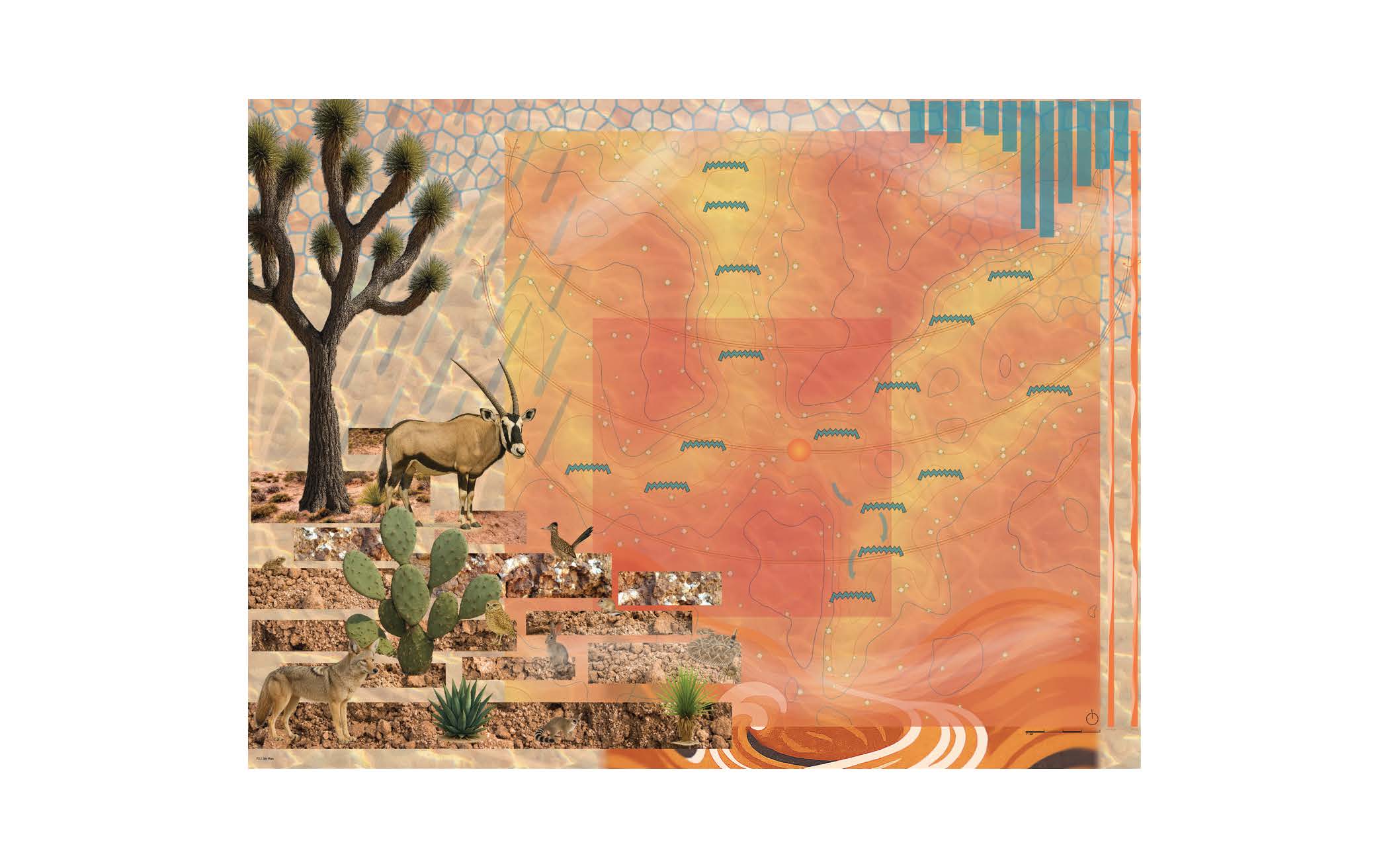 Stylized desert scene with wildlife, cacti, abstract shapes, and warm orange and yellow tones.