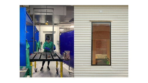 Worker in a lab on the left; beige siding and window reflecting interior on the right.