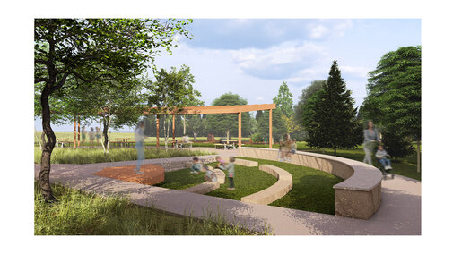 Outdoor seating area with curved benches, surrounded by trees and grass under a sunny sky.