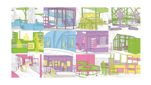 Colorful architectural sketches with green, pink, yellow, and blue designs in various structures and layouts.