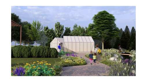 Greenhouse surrounded by colorful flowers, trees, and people walking on a landscaped pathway.
