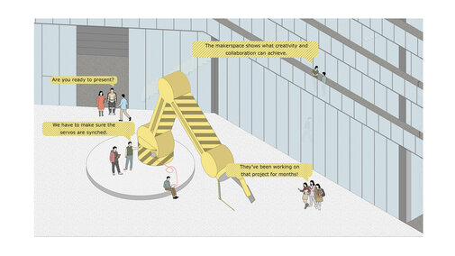 A modern workspace with a large robotic arm and people collaborating near a glass building.