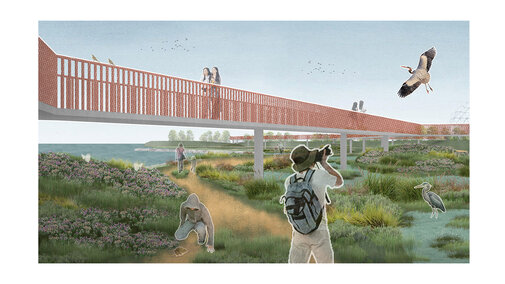 Elevated walkway above bird-filled wetlands, with people birdwatching and walking on a trail below.