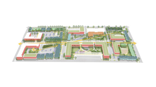 Campus layout illustration with buildings, greenery, paths, and open spaces.