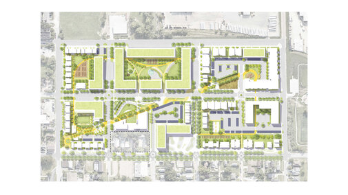 Illustrated urban planning layout with green spaces, buildings, pathways, and streets.