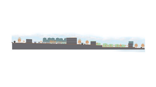 Cityscape illustration with buildings, trees, and clouds under a pale blue sky.