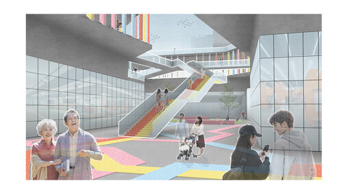 Modern building courtyard with colorful paths, stairs, glass walls, and people walking and interacting.