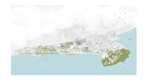 Coastal city illustration with green parks, buildings, boats, and a forested area by the shoreline.