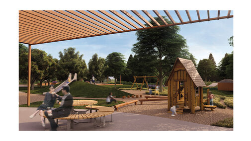 Outdoor playground with wooden structures, greenery, swings, benches, and children playing.