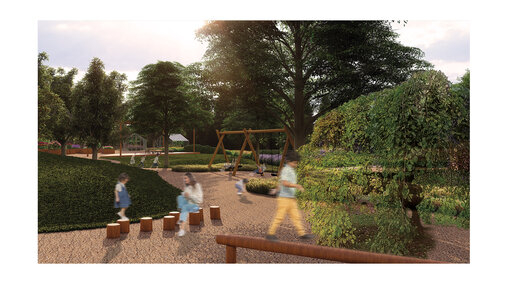 Children playing in a lush park with swings, trees, and seating amid soft sunlight.