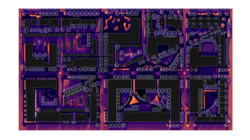 Abstract graphic with purple, pink, and orange hues resembling a circuit or maze.