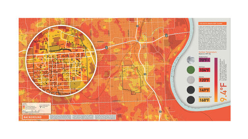Heat map showing varying surface temperatures of an urban area with highlighted zones and detailed legend.