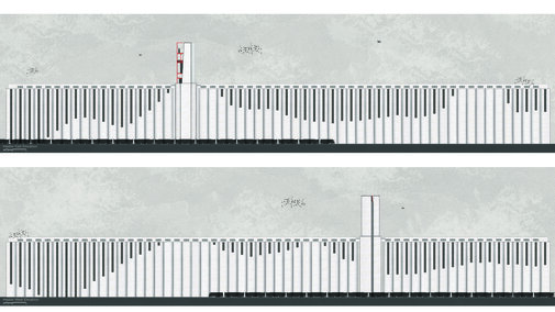 White building elevation with vertical lines, a red-highlighted section, and a taller central structure.
