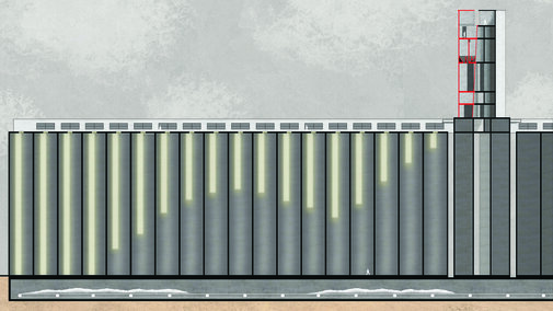 Architectural section drawing of a tall industrial building, featuring cylindrical columns and a vertical tower.