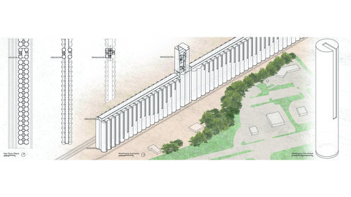 Architectural diagram of a wall design with trees and structures on one side, showcasing sections and details.