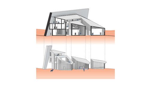 Cross-section of a modern house showing interior rooms and an exploded view of structural elements.