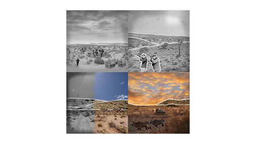 Four-panel collage of desert landscapes with various activities and dramatic skies.