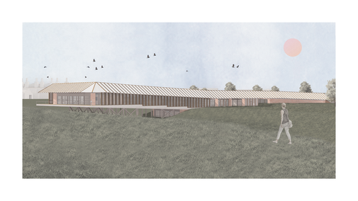 Modern building with striped roof amidst grass, scattered birds in sky, and person walking under pink sun.