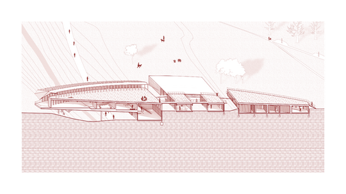 Red architectural sketch of a multi-structure design in a sloped landscape with scattered trees and people.