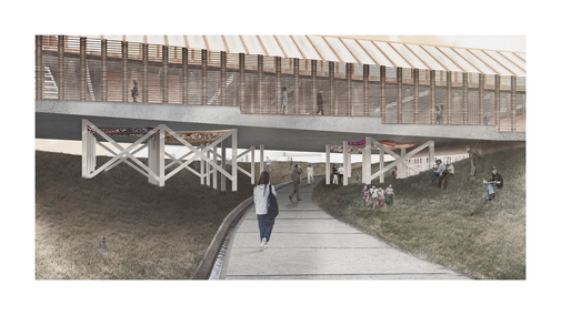 Modern walkway bridge over grassy landscape with people walking and sitting nearby.