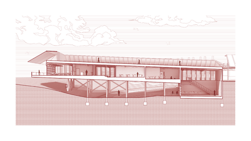Architectural section of a modern building with open interiors and structural supports.