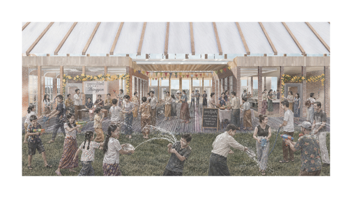 People enjoying a water fight outdoors near a pavilion with wooden beams and festive decorations.