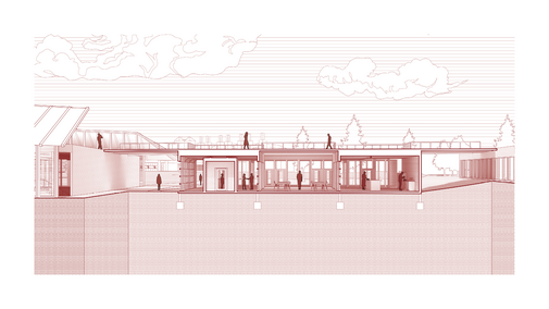 Architectural illustration of a modern building with a rooftop deck and surrounding trees.