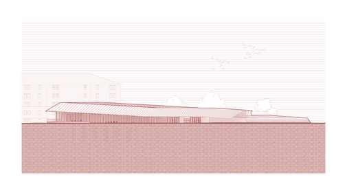 Architectural illustration of a modern building with horizontal lines and minimalistic red tones.