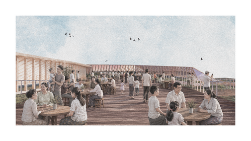 Outdoor patio with people sitting at wooden tables, chatting and enjoying the sunny day under a clear sky.