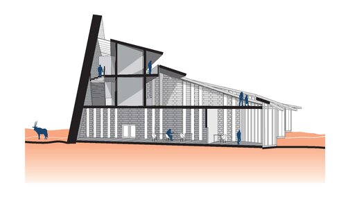Cross-section of a modern triangular-roofed building with people inside and a desert-like background.