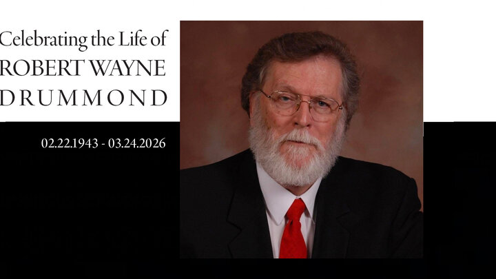 Celebration of Life graphic with a portrait of an older man in a suit and red tie on a brown background.