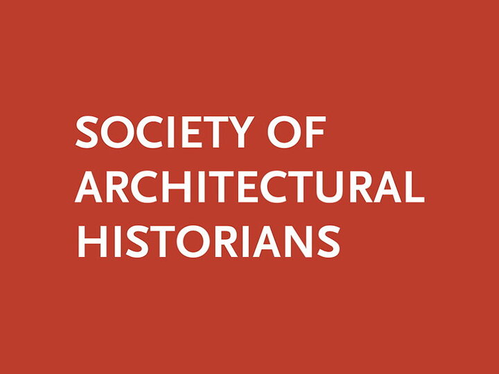 White text reading "Society of Architectural Historians" on a red background.