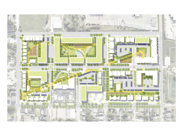 Illustrated urban planning layout with green spaces, buildings, pathways, and streets.