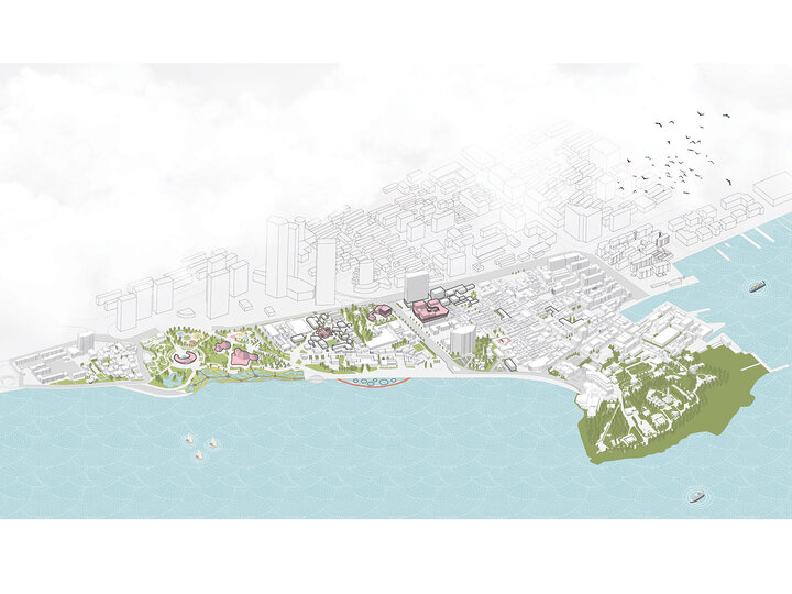 Coastal city illustration with green parks, buildings, boats, and a forested area by the shoreline.