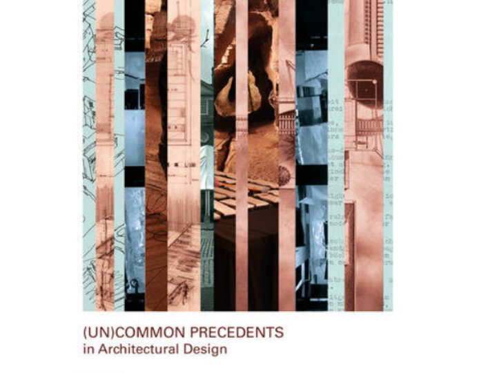 Abstract cover design with vertical stripes featuring architectural sketches and photos. Title text included.