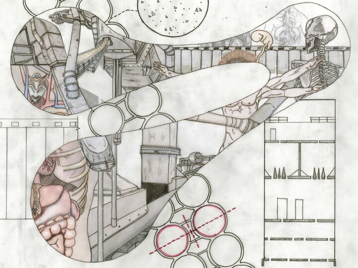 Abstract art featuring anatomical sketches, industrial structures, and geometric shapes intertwined.