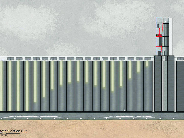 Architectural section drawing of a tall industrial building, featuring cylindrical columns and a vertical tower.