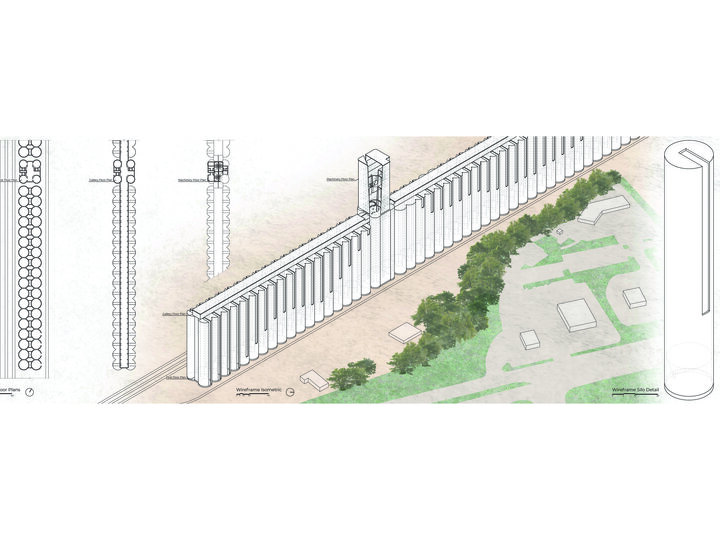 Architectural diagram of a wall design with trees and structures on one side, showcasing sections and details.