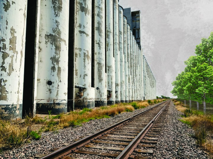 Weathered silos beside a railway track, surrounded by greenery under a cloudy sky.