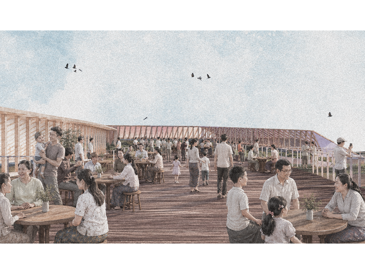 Outdoor patio with people sitting at wooden tables, chatting and enjoying the sunny day under a clear sky.