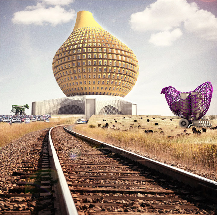 rendering of a railroad leading into a large golden dome like structure